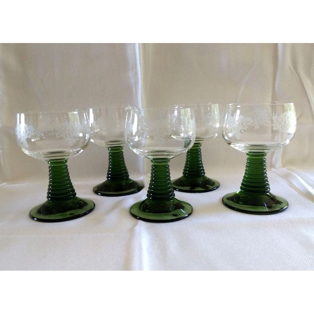 Green Beehive Stem Etched Crystal Wine‎ Glasses Grapevine Pattern Vintage Lot/5